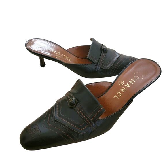 Chanel Vintage Black Leather CC Logo Kitten Heel Slip-On Mules 36.5 6 Heels - Picture 10 of 15